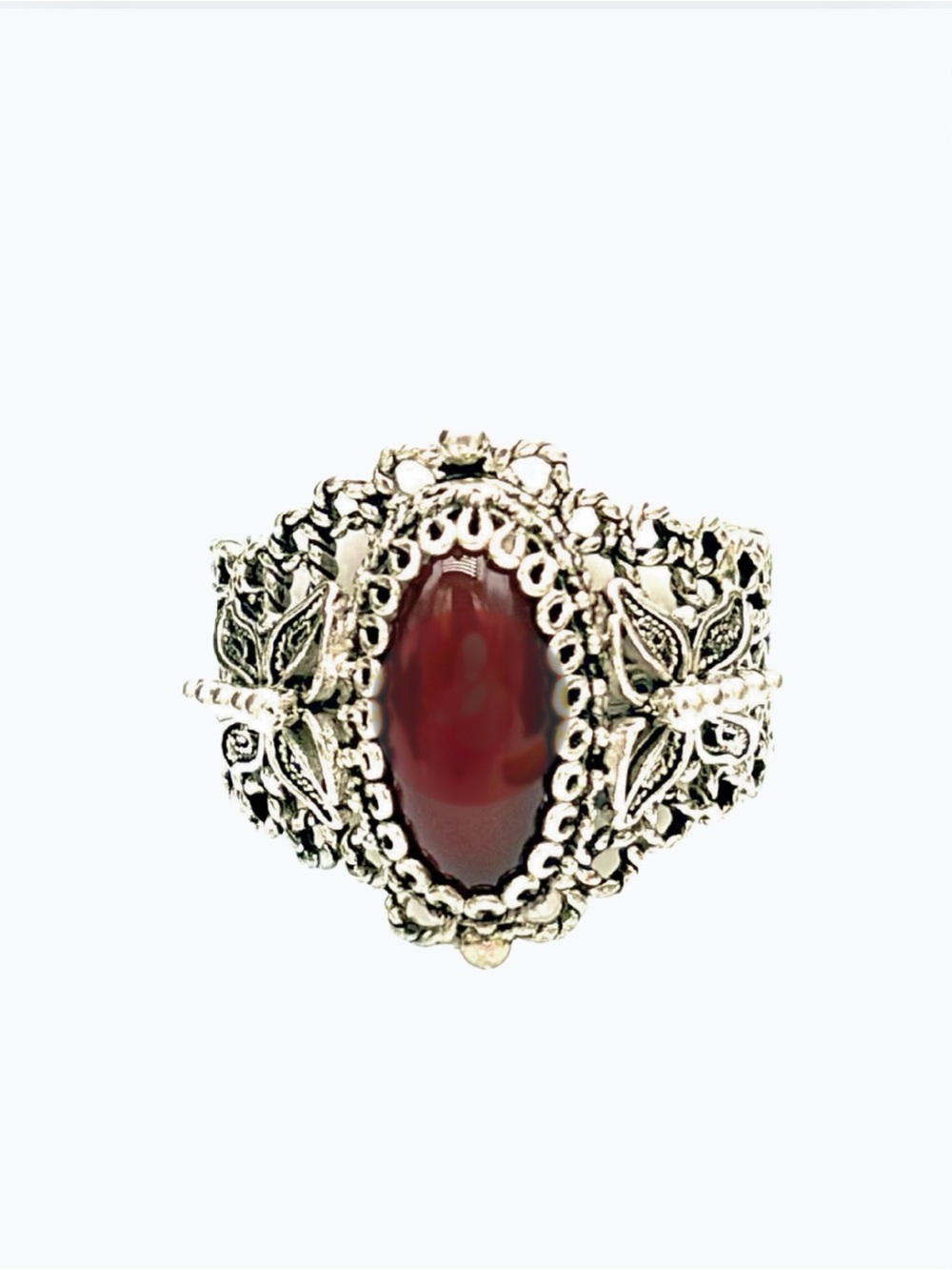 Vintage DSG Turkey Sterling Silver Filigree Ring with Oval Carnelian
